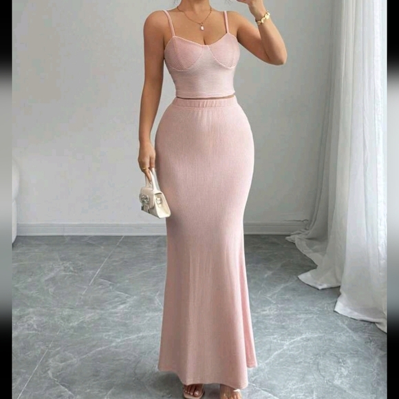2pcs/Set Women's Elegant Romantic Camisole Gather Waist A-Line Dress In Crepe - Picture 1 of 4